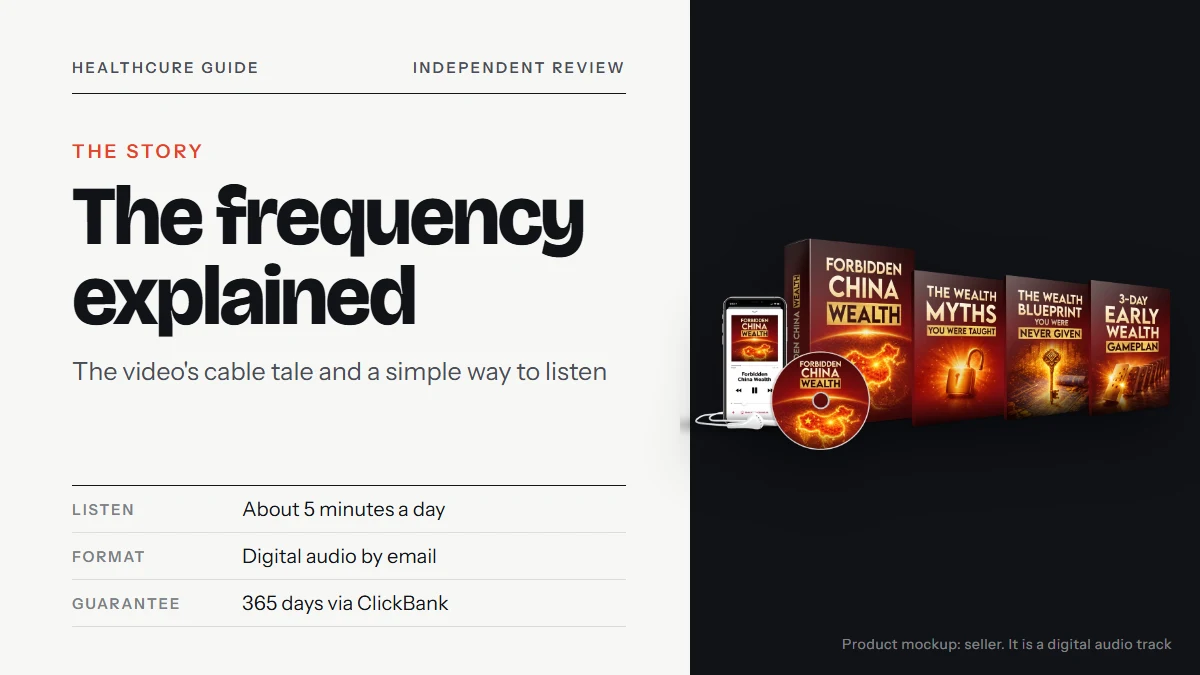 Forbidden China Wealth frequency: the seller's product mockup with a phone audio player, a box, a CD, earbuds