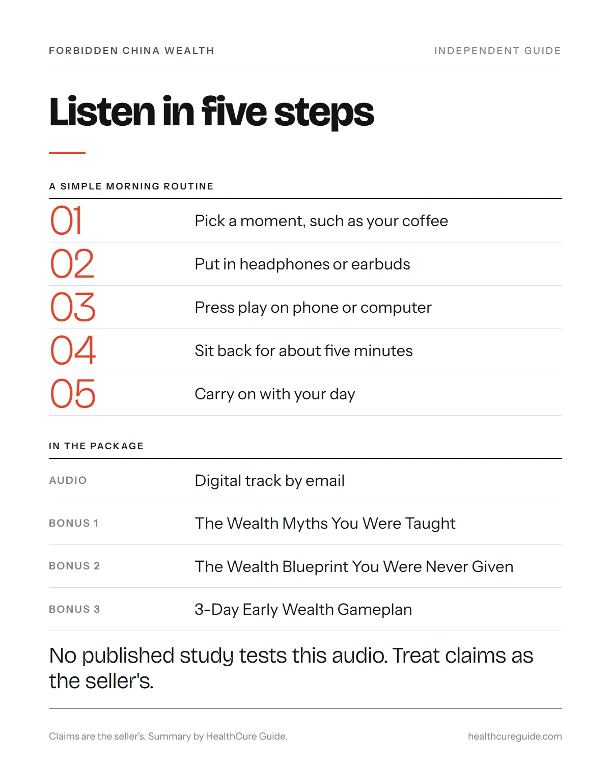 Forbidden China Wealth frequency infographic: how to listen in five steps and what arrives after you order