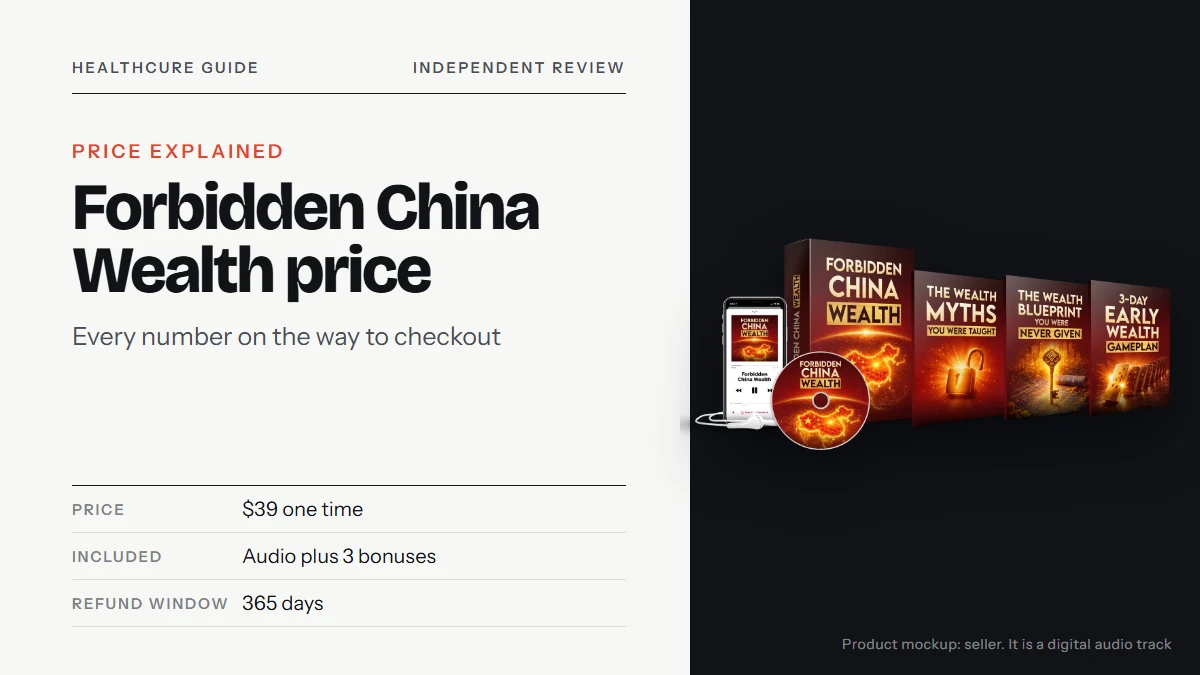 Forbidden China Wealth price: the seller's product mockup with a box, a phone showing an audio player, a CD