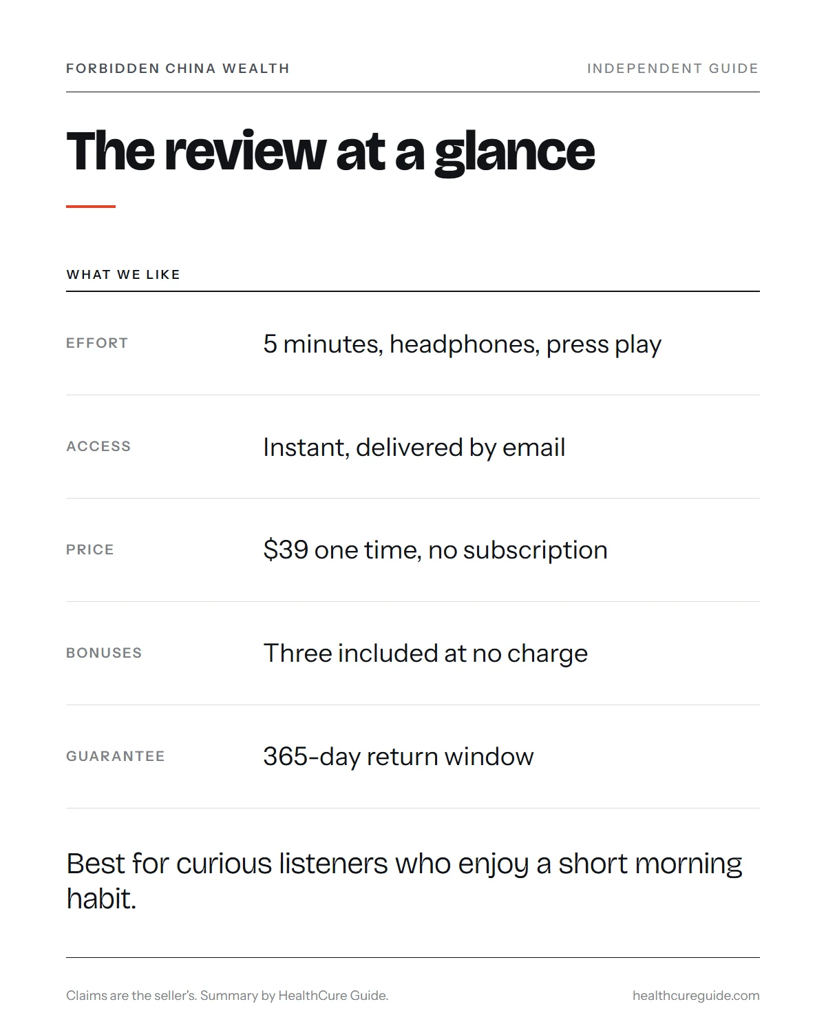Forbidden China Wealth review infographic: strengths, what is included for $39 and the 365-day guarantee at a glance