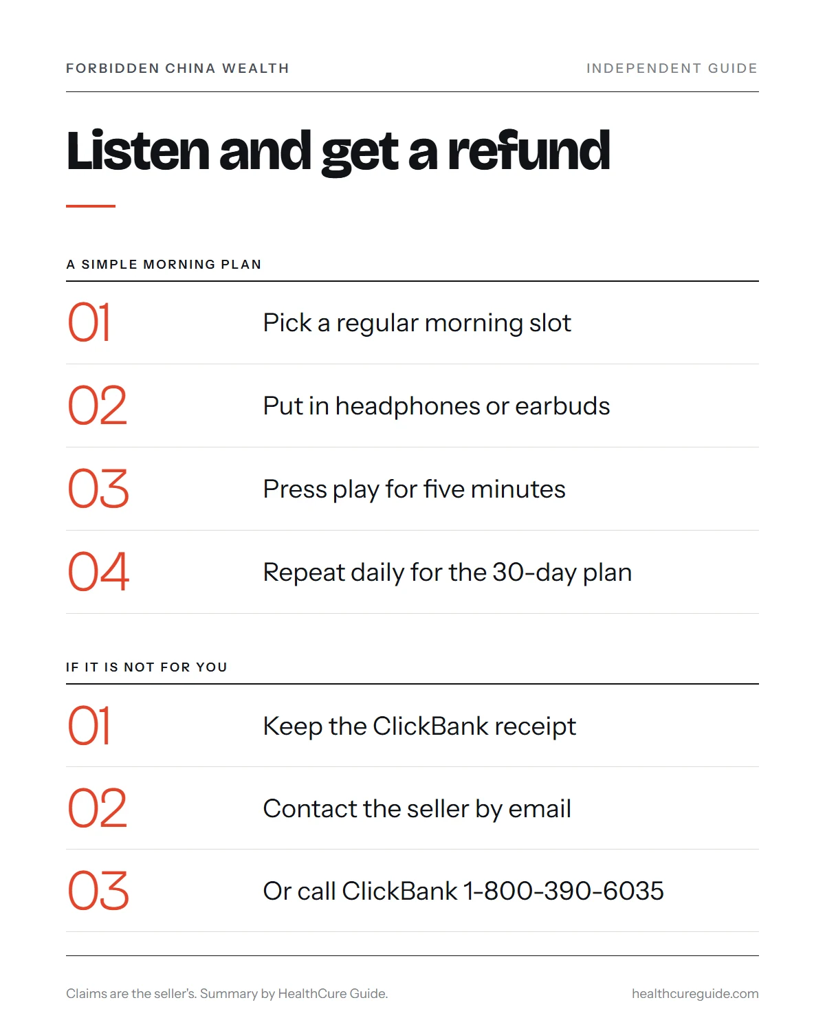 Forbidden China Wealth review infographic: a five-step morning listening plan and the three refund steps