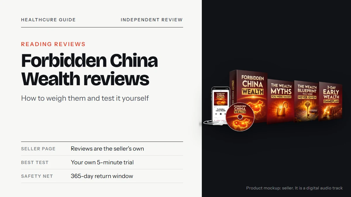 Forbidden China Wealth reviews: the seller's product mockup with a box, a phone with an audio player, a CD