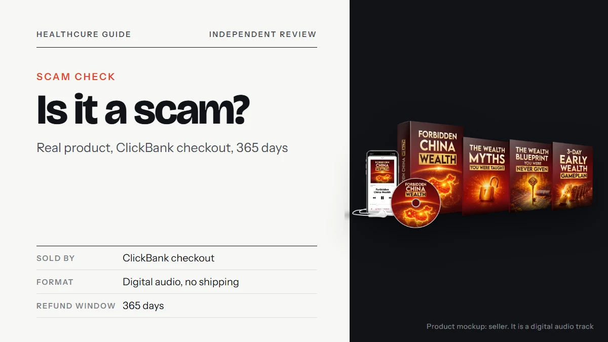Forbidden China Wealth scam: the seller's product mockup with a box, a phone showing an audio player, a CD