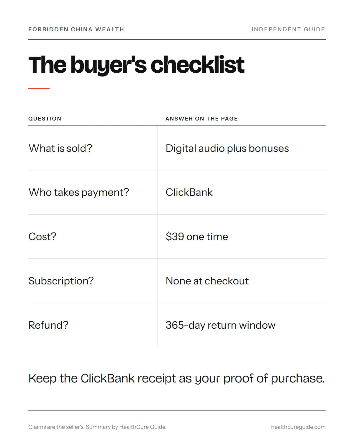 Is Forbidden China Wealth legit infographic: the buyer's checklist, who sells it and the checkout steps in order