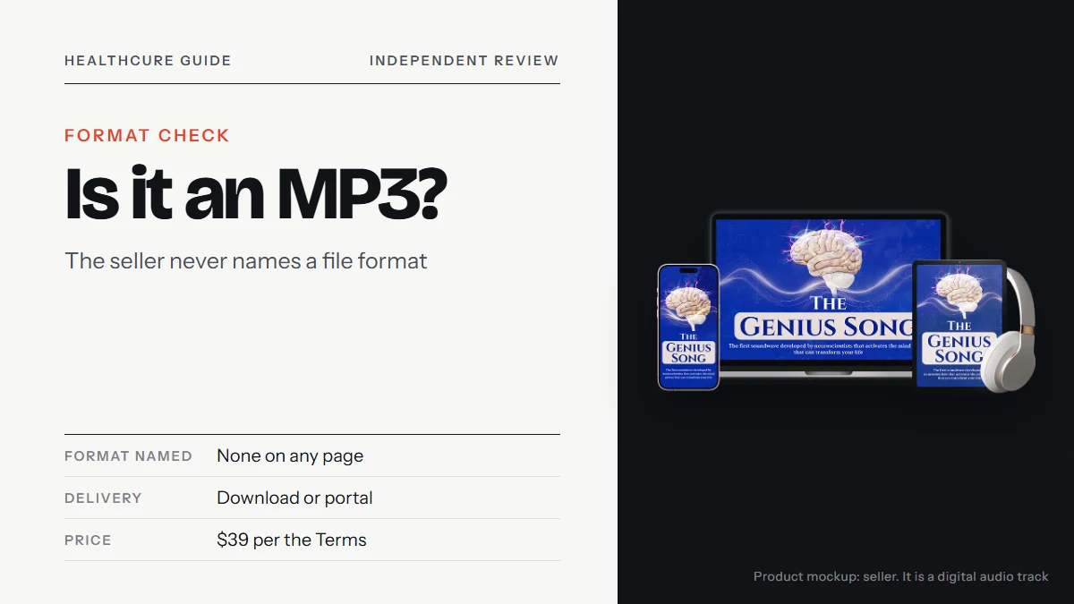 The Genius Song download MP3: the seller's device mockup of a laptop, tablet, phone and headphones