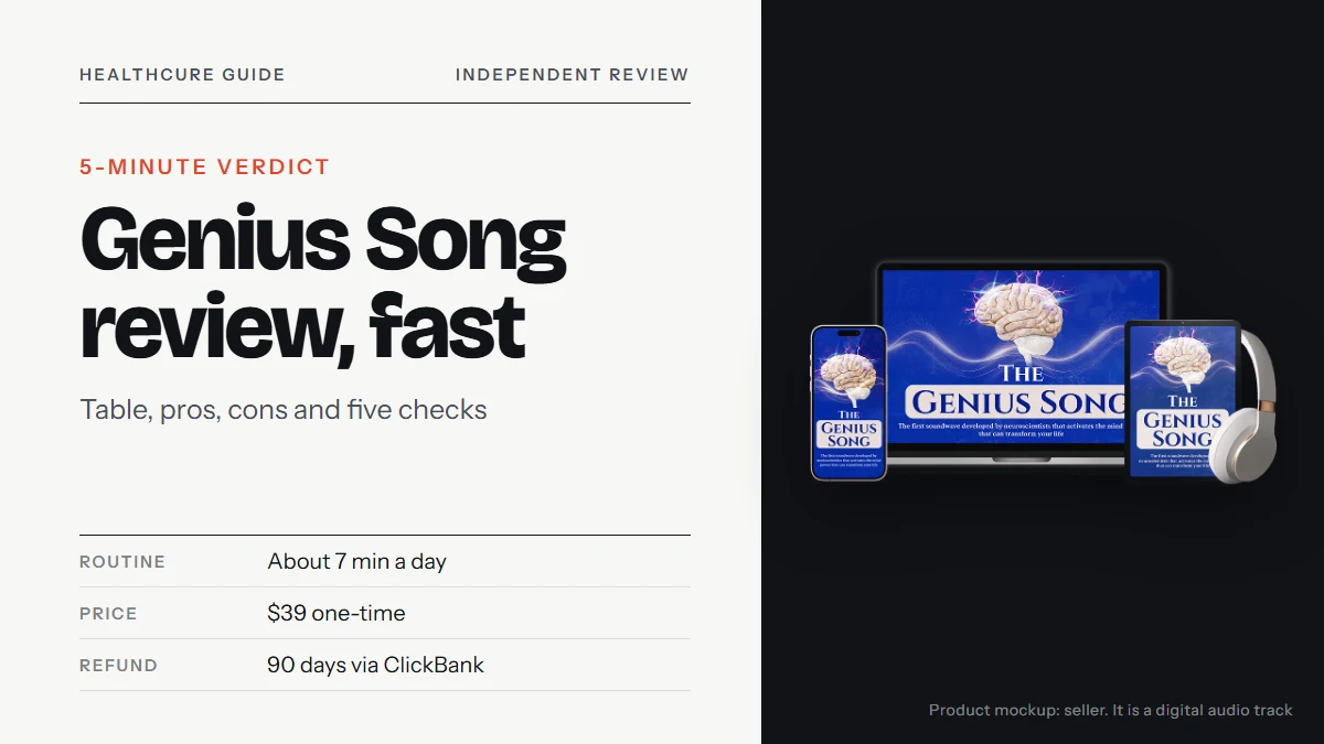 Genius song review: short verdict title on the left, the seller's laptop, tablet, phone and headphones mockup on the right