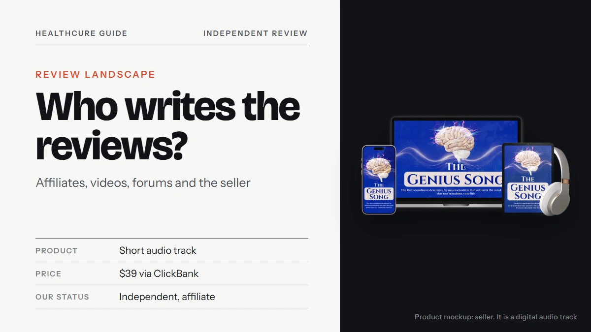 Genius song reviews: title text on the left with the seller's mockup of a laptop, tablet, phone and headphones on the right