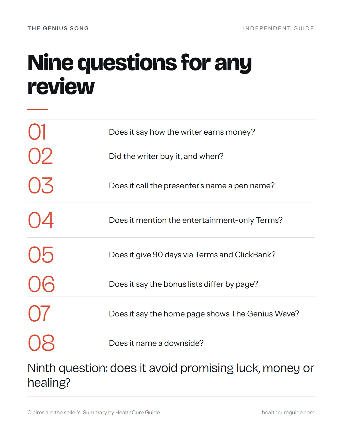 Genius song reviews infographic: nine questions that separate an honest review from a sales pitch