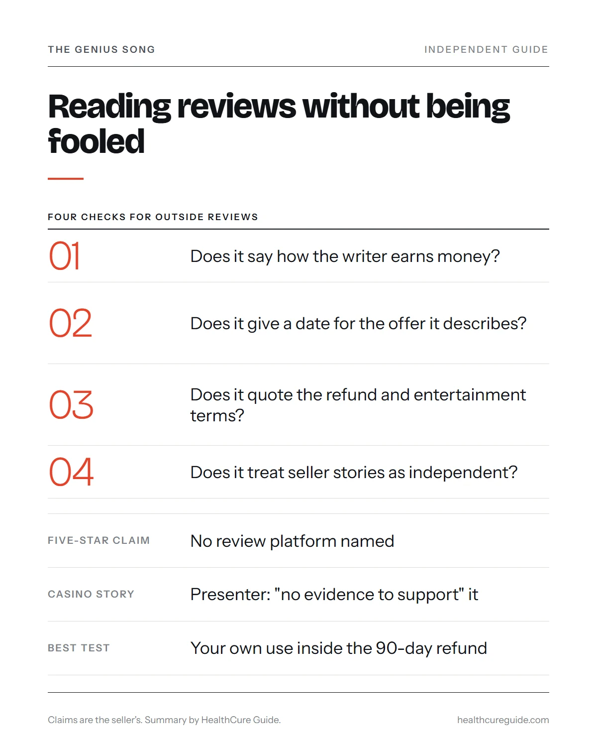 Reviews on the Genius Song infographic: how to read seller testimonials and four checks for outside reviews