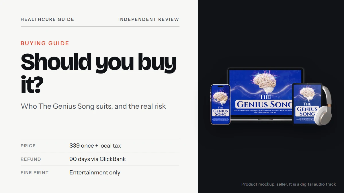 The Genius Song buy: the seller's device mockup with a laptop, tablet, phone and headphones