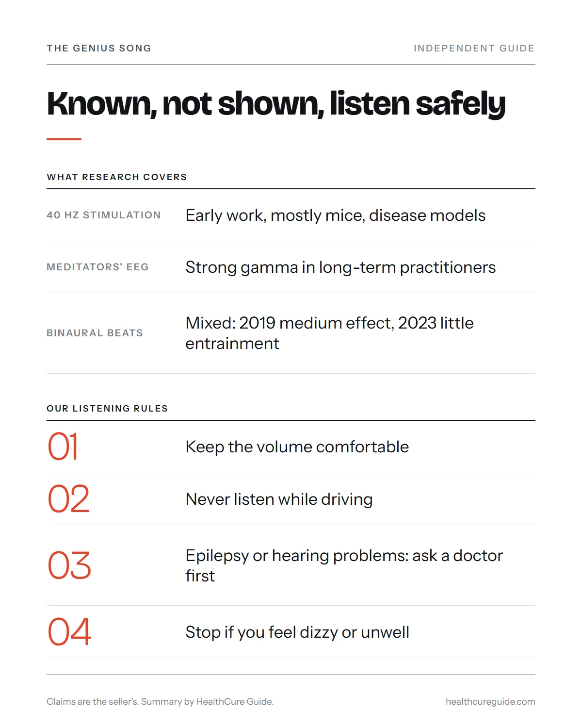 The Genius Song gamma waves infographic: what is known about gamma research, what is not shown, and safe listening rules
