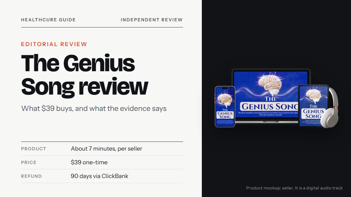 The Genius Song review: the seller's mockup of a laptop, tablet, phone and headphones