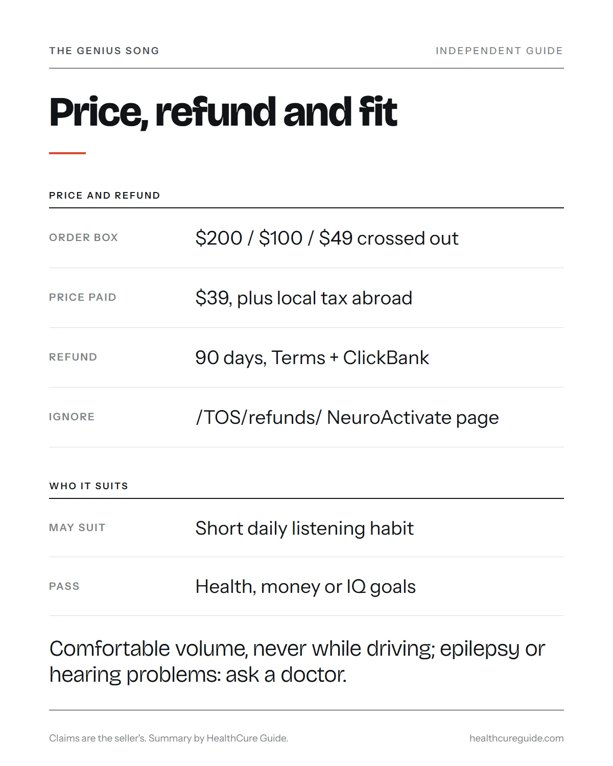 The Genius Song review infographic: price, refund route and who the track suits