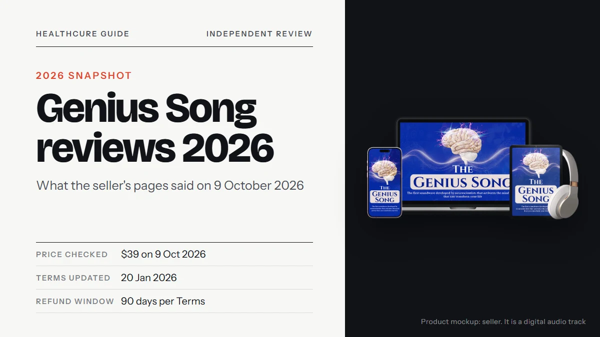 The Genius Song reviews 2026: the seller's device mockup with a laptop, tablet, phone and headphones
