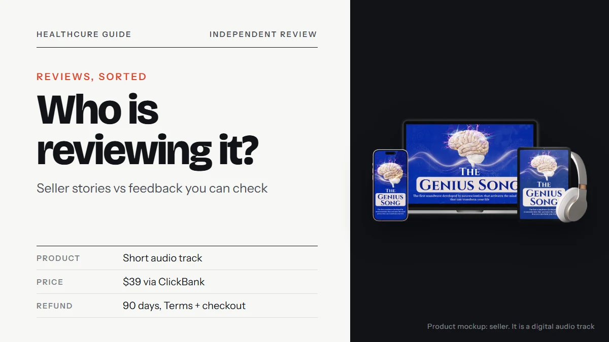 The Genius Song reviews: the seller's device mockup of a laptop, tablet, phone and headphones