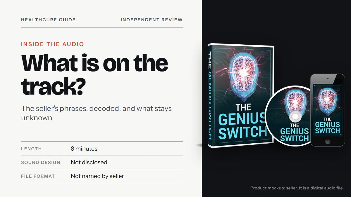 Genius Switch audio: the seller's Genius Switch product mockup beside the title reading What is on the track