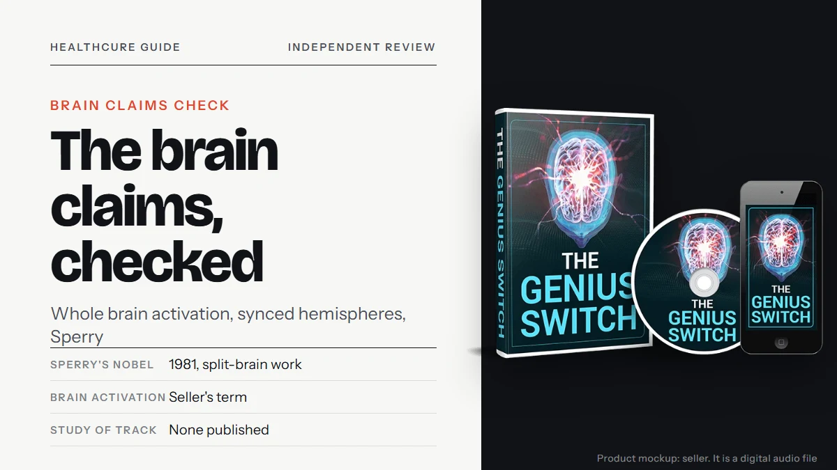 Genius Switch audio for brain: the seller's Genius Switch product mockup beside the title reading The brain claims, checked