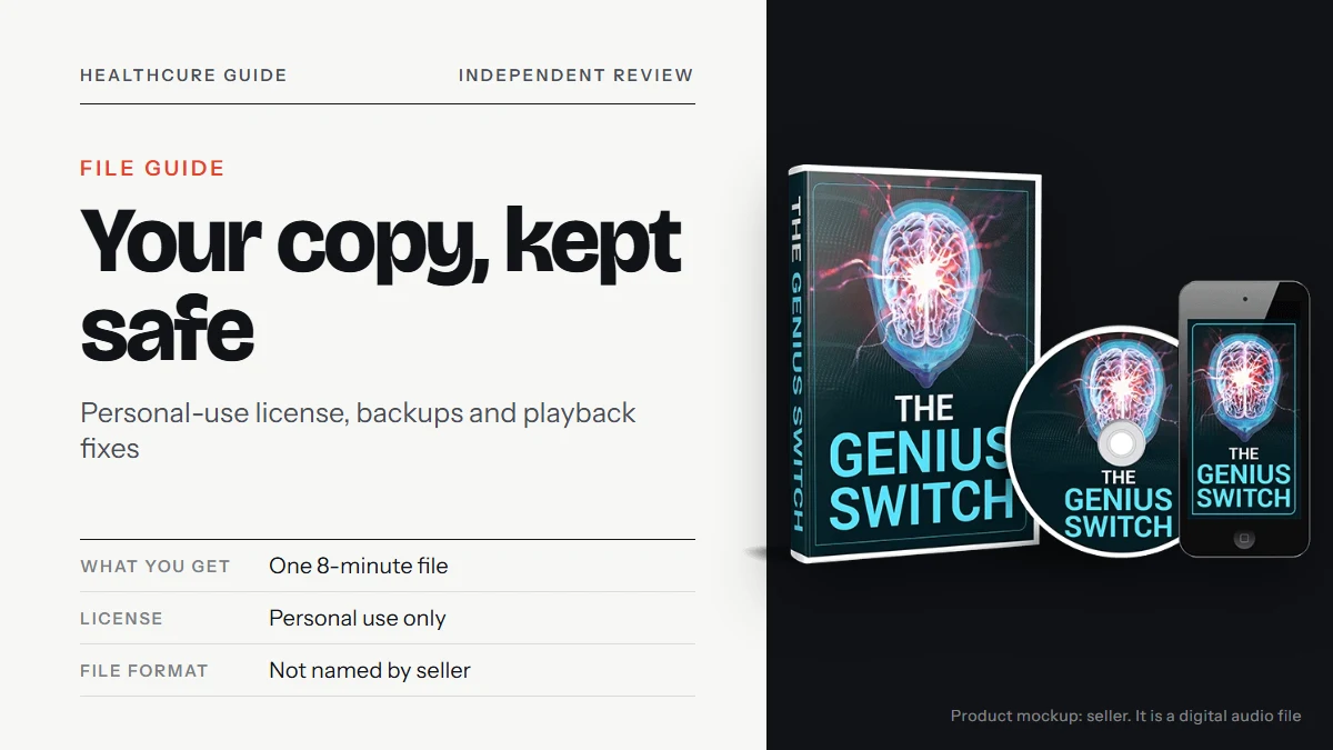 Genius Switch file: the seller's Genius Switch product mockup beside the title reading Your copy, kept safe