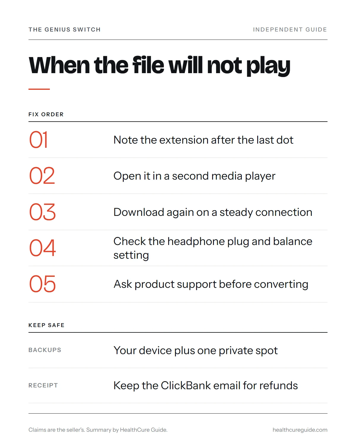 Genius Switch file infographic: a six-step fix order for when the track will not play, plus backup and receipt reminders