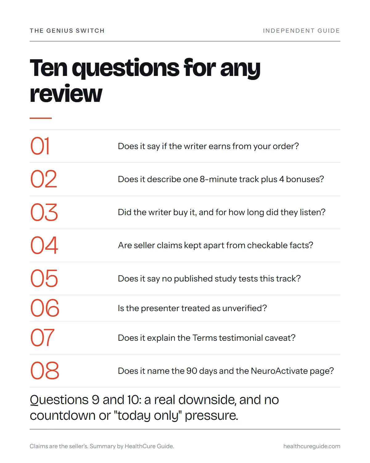 Genius Switch reviews infographic: a ten-question checklist for telling an honest review from a sales pitch