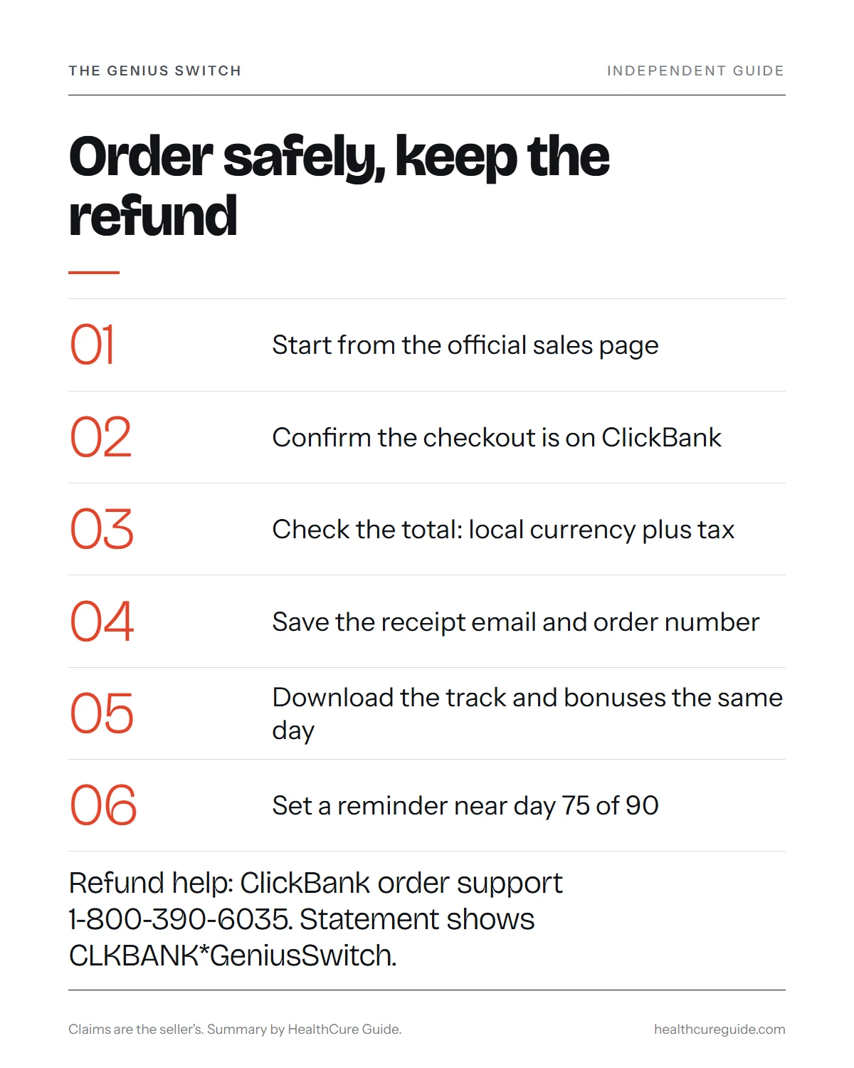 Is the Genius Switch a scam infographic: six steps to order safely and keep the 90-day refund open