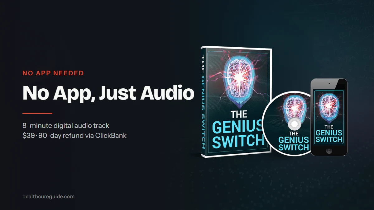 The Genius Switch app search: The Genius Switch product mockup (cover, disc and phone screen) on a dark teal background