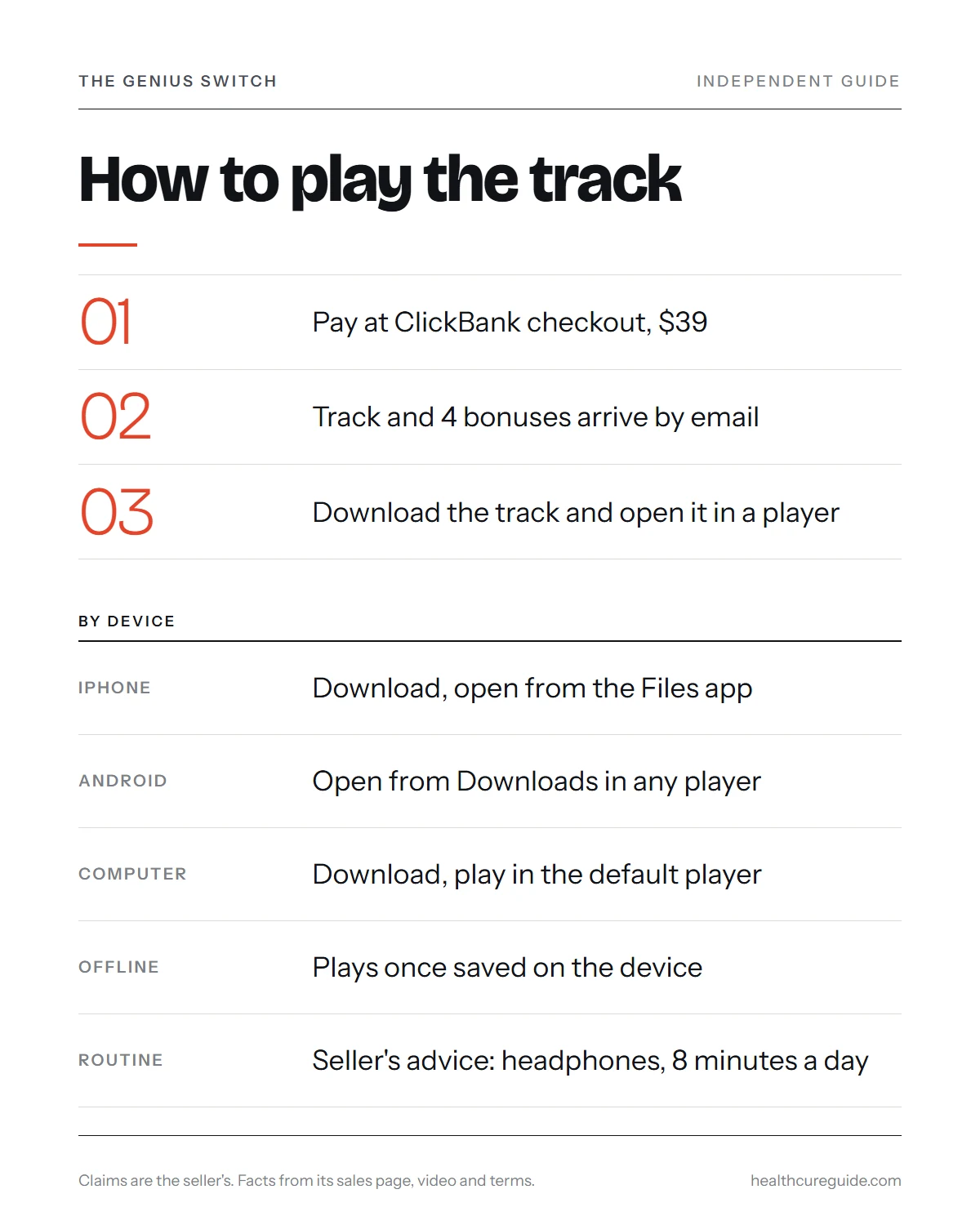 The Genius Switch app infographic: how to save and play the 8-minute audio track on iPhone, Android and a computer