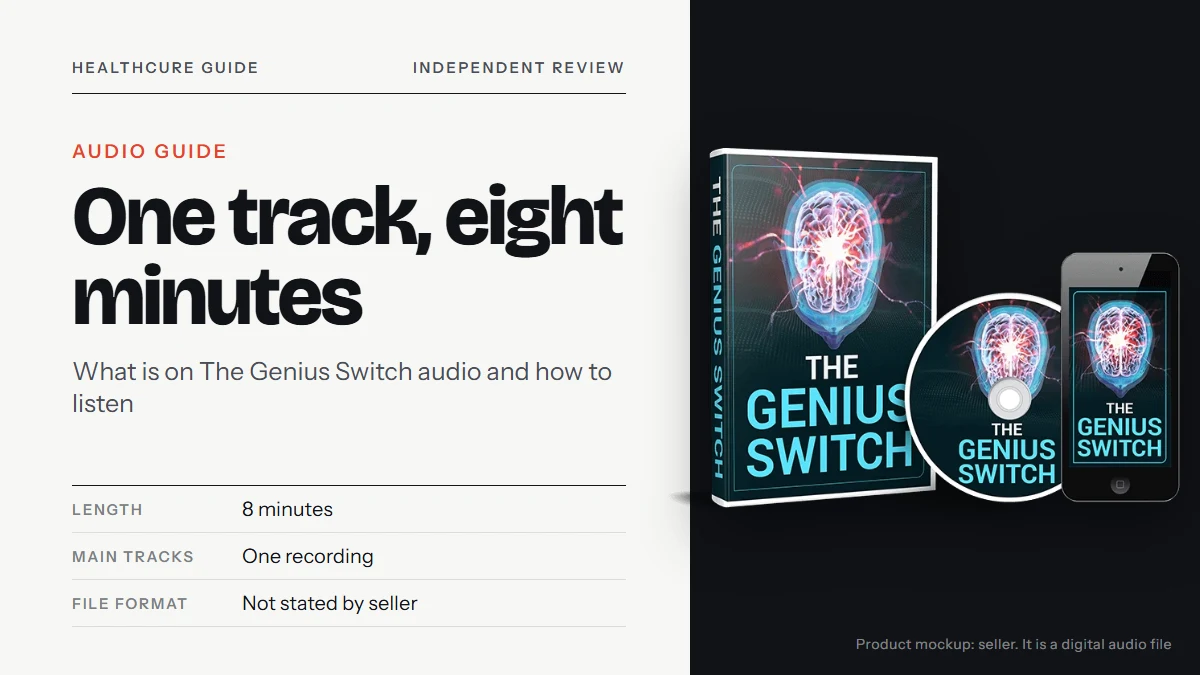 The Genius Switch audio: the seller's Genius Switch product mockup beside the title reading One track, eight minutes