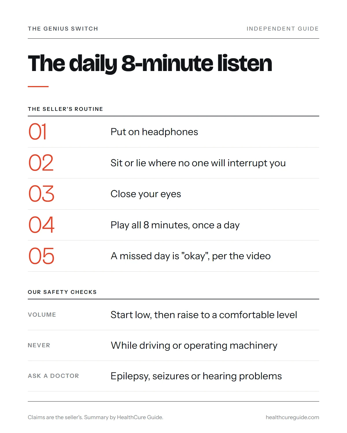 The Genius Switch audio infographic: the 8-minute daily listening routine with headphones and our volume and safety checks