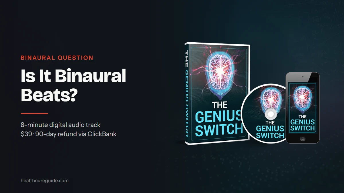 The Genius Switch binaural beats: The Genius Switch product mockup (cover, disc and phone screen) on a dark teal background