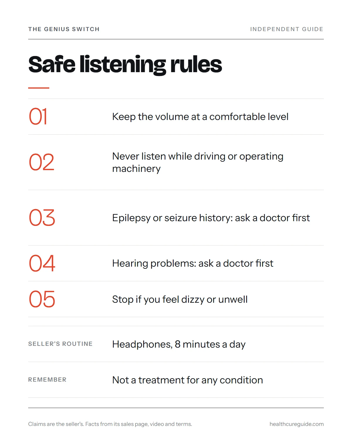 The Genius Switch binaural beats infographic: safe listening rules for any tone-based audio track