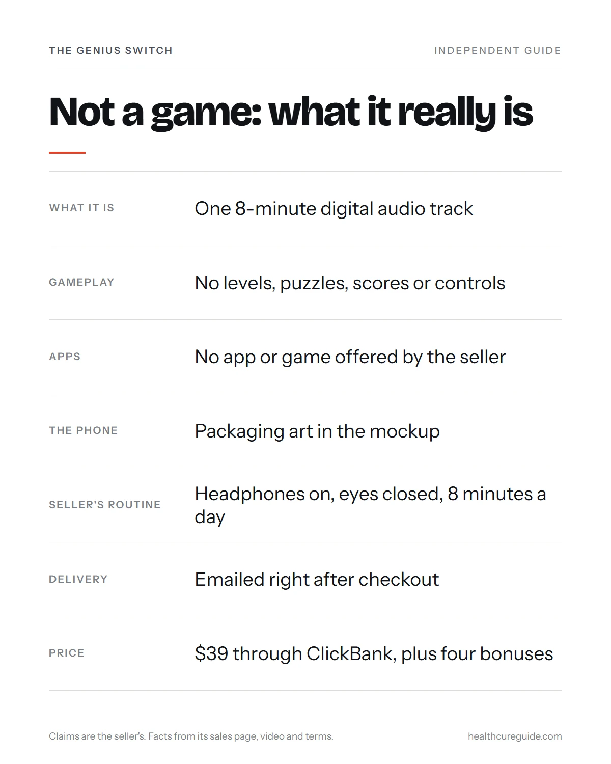 Infographic explaining that The Genius Switch has no levels or scores and listing what the audio download and bonuses contain
