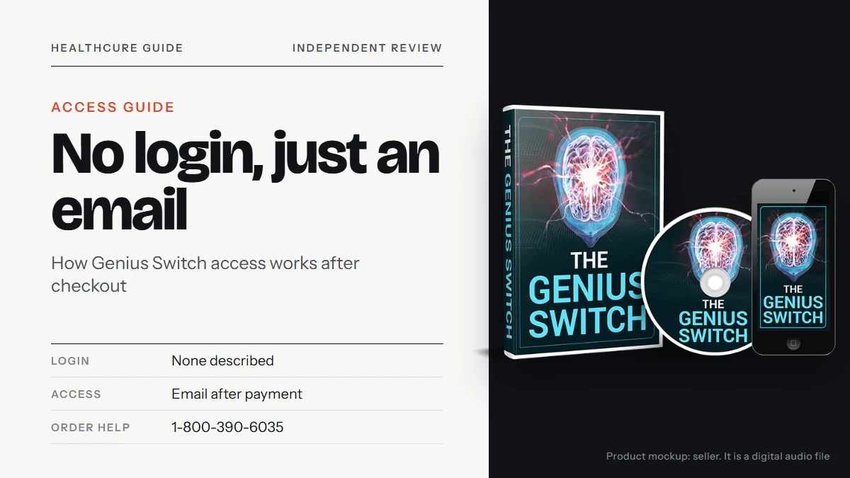 The Genius Switch login question: the seller's Genius Switch product mockup beside the title reading No login, just an email