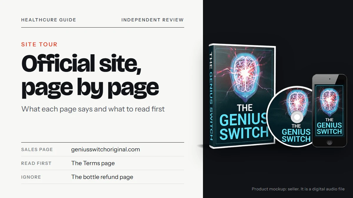 The Genius Switch official website tour: the seller's Genius Switch product mockup beside the title text
