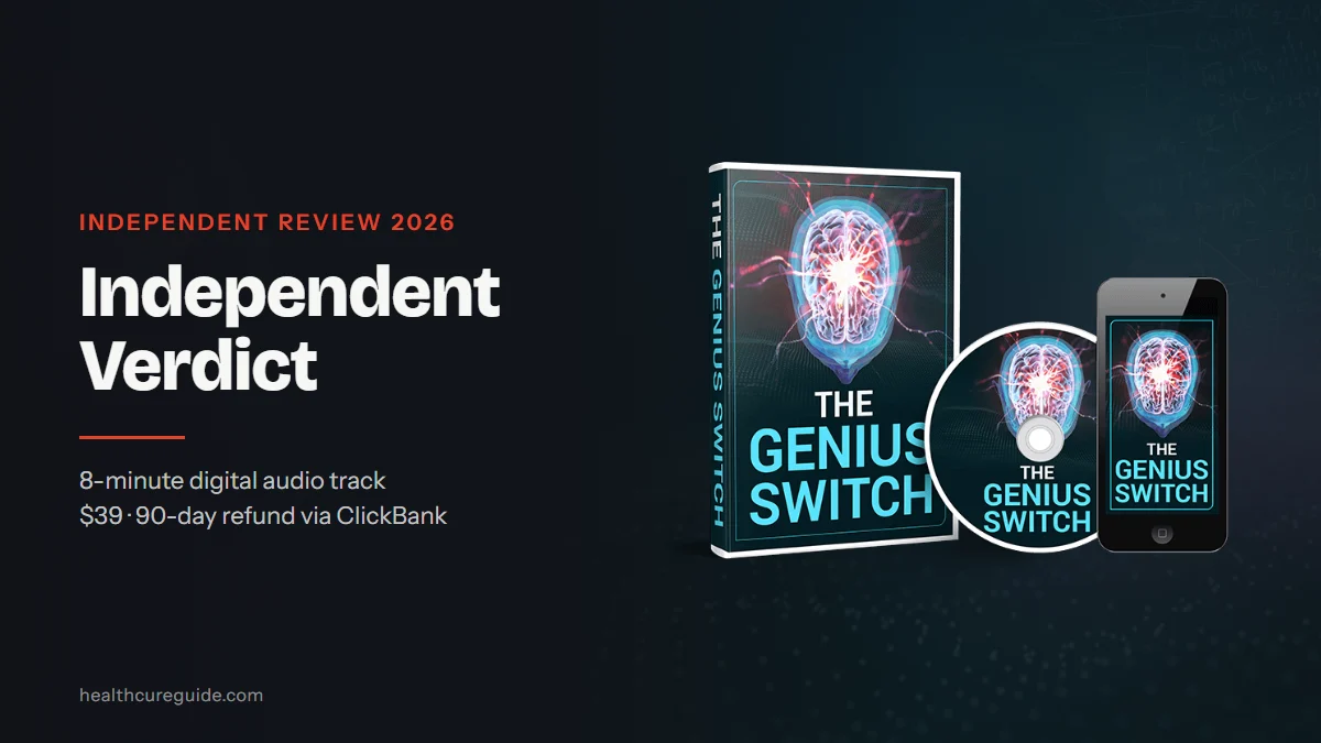 The Genius Switch review 2026: The Genius Switch product mockup (cover, disc and phone screen) on a dark teal background