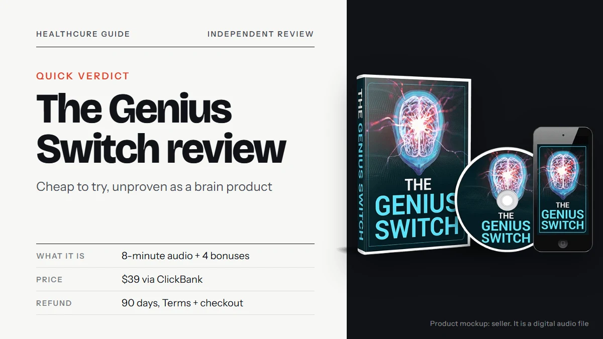 The Genius Switch review: the seller's Genius Switch product mockup beside the title text