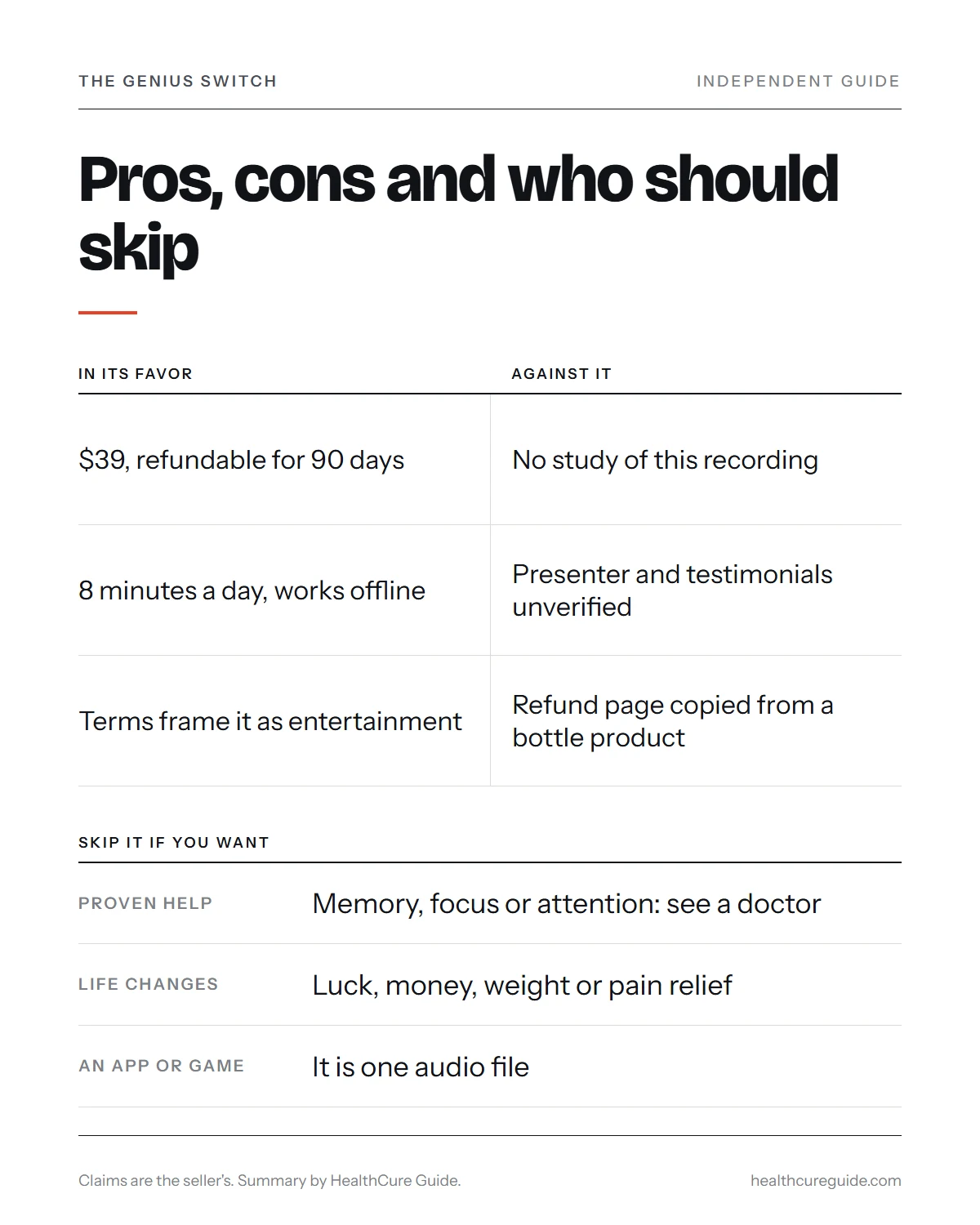 The Genius Switch review infographic: three pros, three cons and who should skip the track