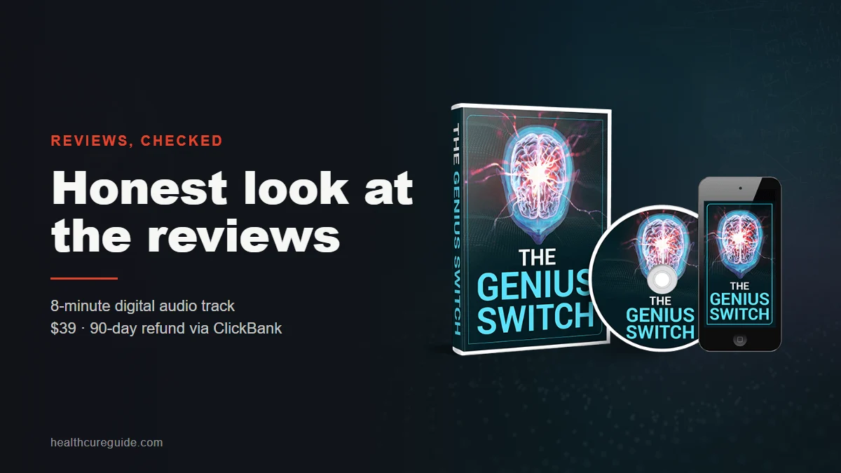 The Genius Switch reviews: The Genius Switch product mockup (cover, disc and phone screen) on a dark teal background