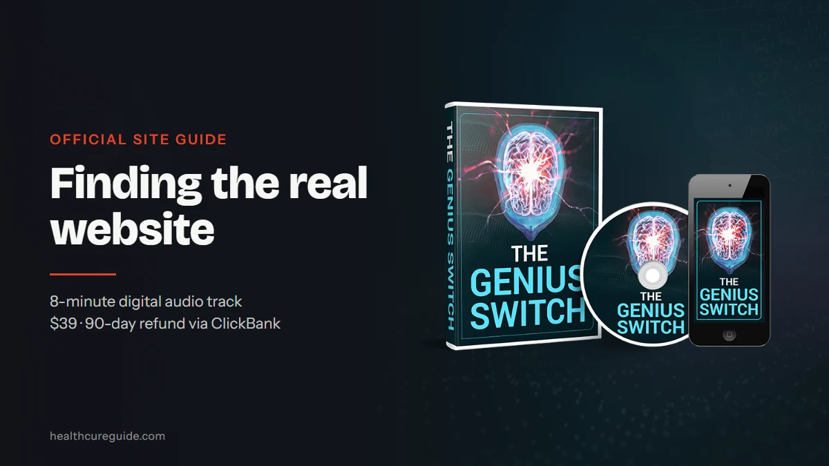 The Genius Switch website guide: The Genius Switch product mockup (cover, disc and phone screen) on a dark teal background