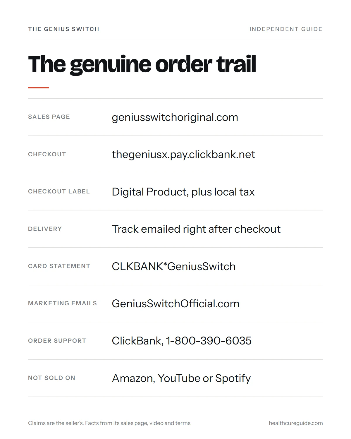 The Genius Switch website infographic: the genuine sales domain, ClickBank checkout, email sender and card statement name