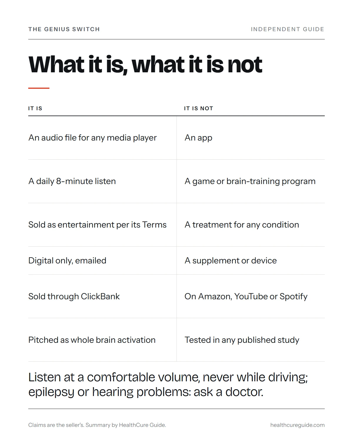 What is the Genius Switch infographic: what the product is compared with what it is not
