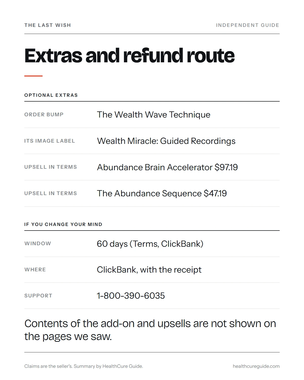 The Last Wish buy infographic: the optional add-on, the upsells named in the Terms and the refund route