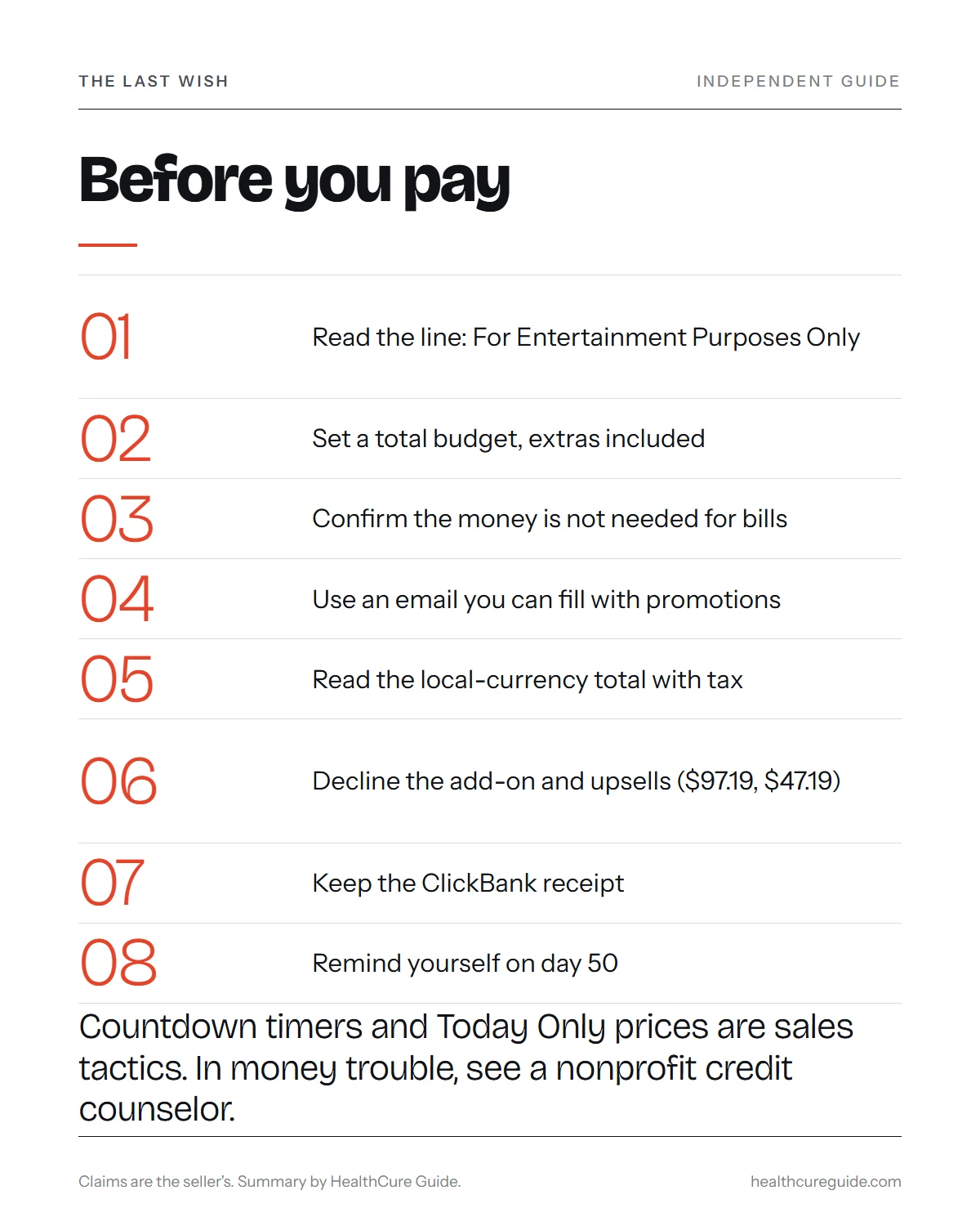 The Last Wish manifestation buy infographic: a nine-step before-you-pay checklist and the tactics to recognize