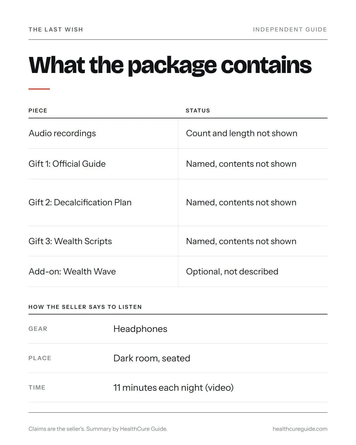 The Last Wish program infographic: what is in the package and how the seller says to use it