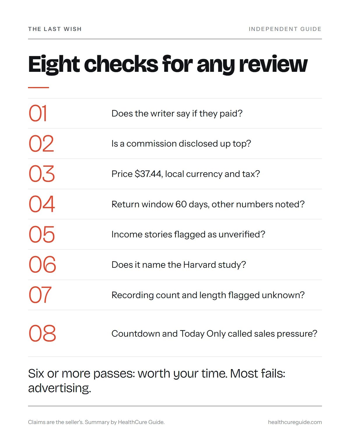 The Last Wish reviews infographic: eight checks to run on any review before you rely on it