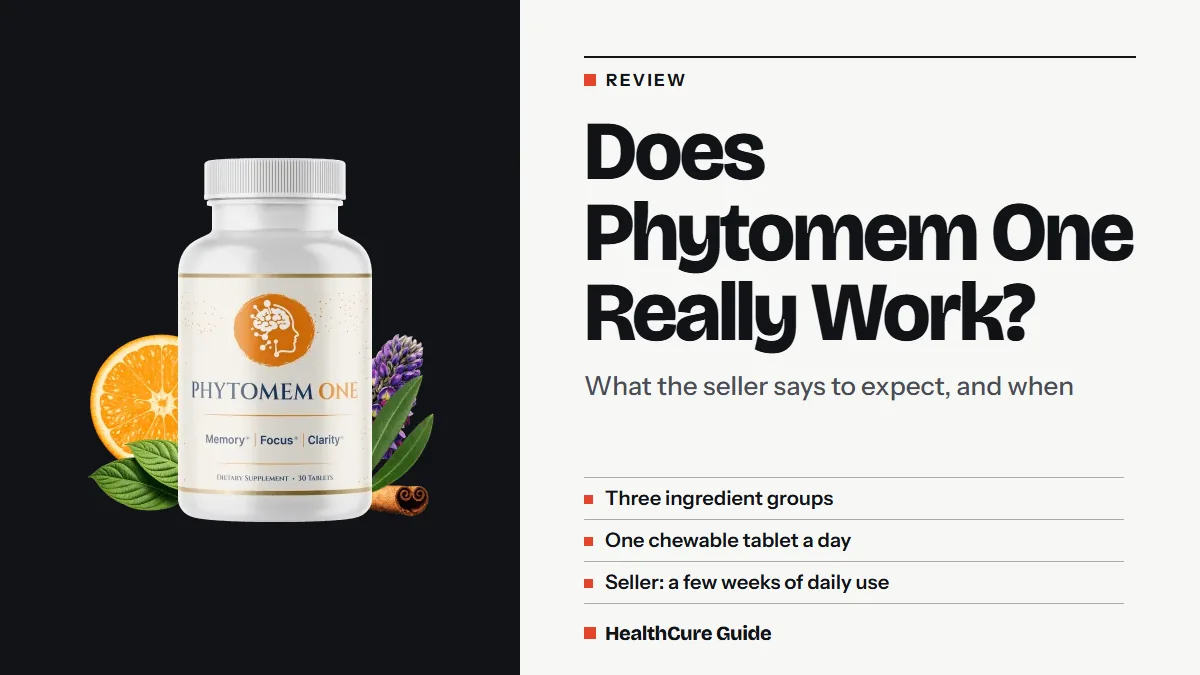 Does Phytomem One really work headline beside a bottle photo and three rows: ingredient groups, one tablet a day, timing