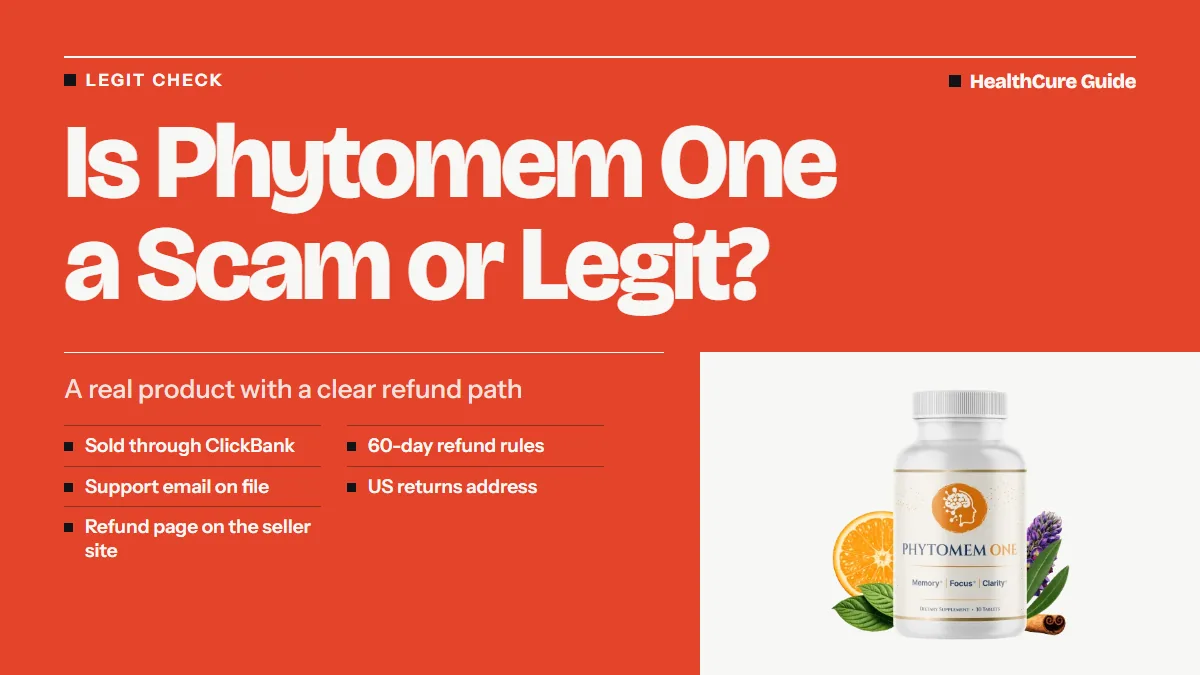 Is Phytomem One a scam or legit headline on coral with five check rows, ClickBank to refund page, and a bottle photo