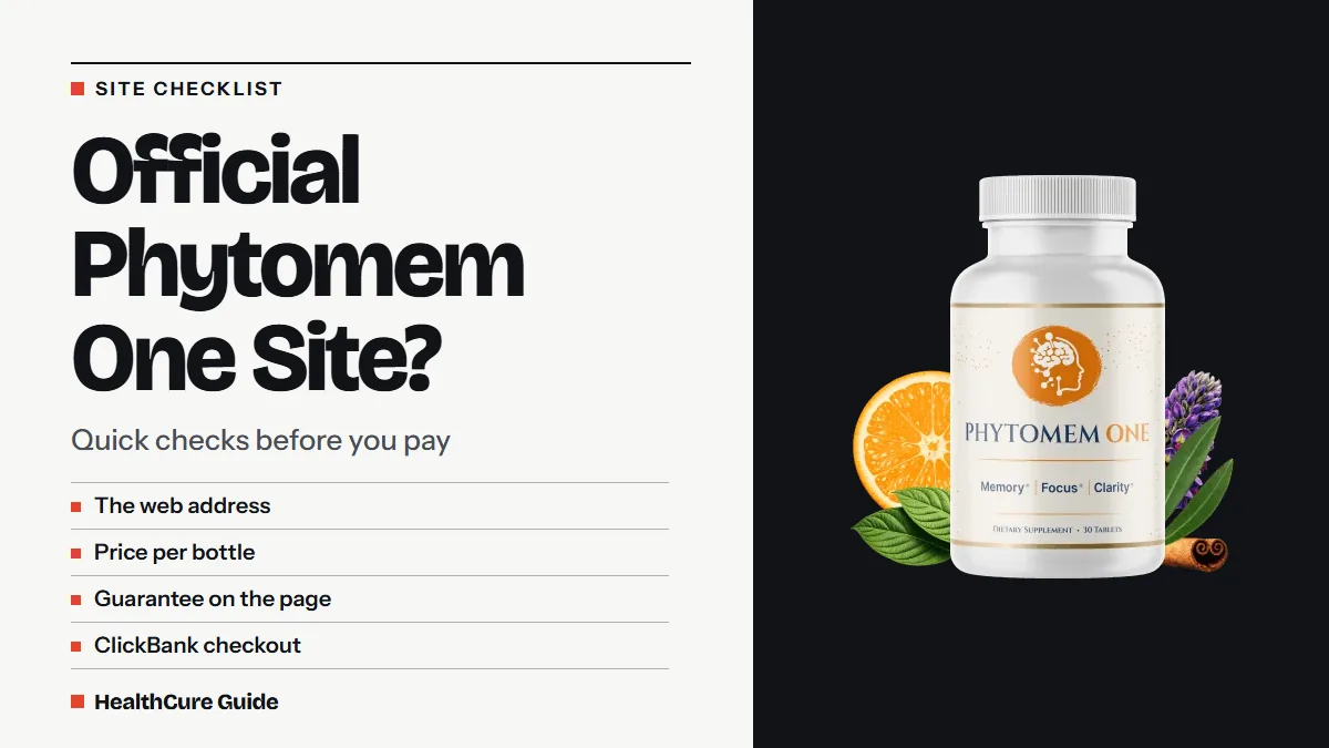 Official Phytomem One site question headline with four quick checks listed, beside a bottle photo on a dark panel