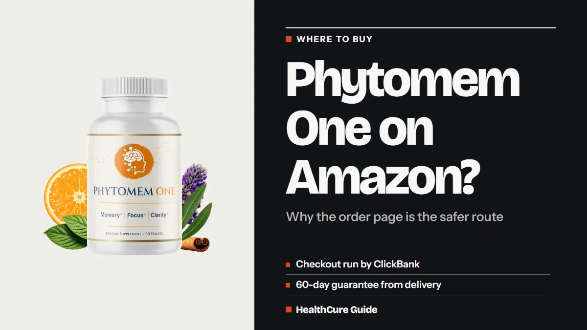 Phytomem One Amazon question headline on a dark panel with rows on ClickBank checkout and the 60-day guarantee, plus a bottle
