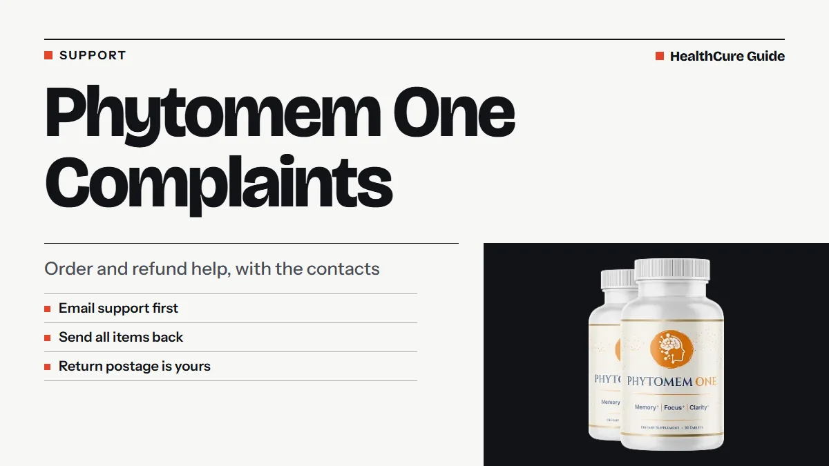 Phytomem One complaints headline with three support rows: email first, send all items back, return postage, and two bottles